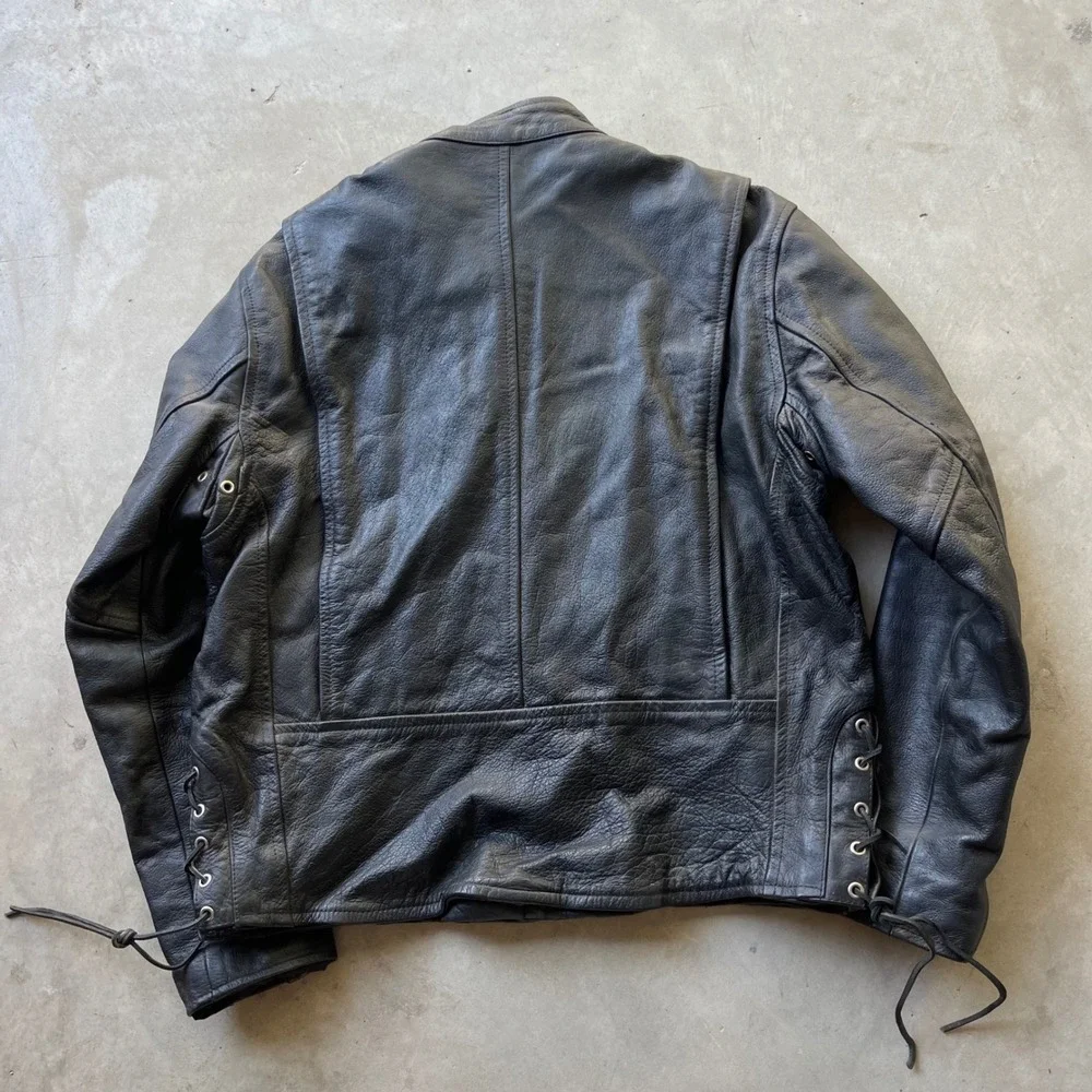 Vintage Black Leather Motorcycle Jacket Cafe Racer Biker Size 44 Lace Up Sides